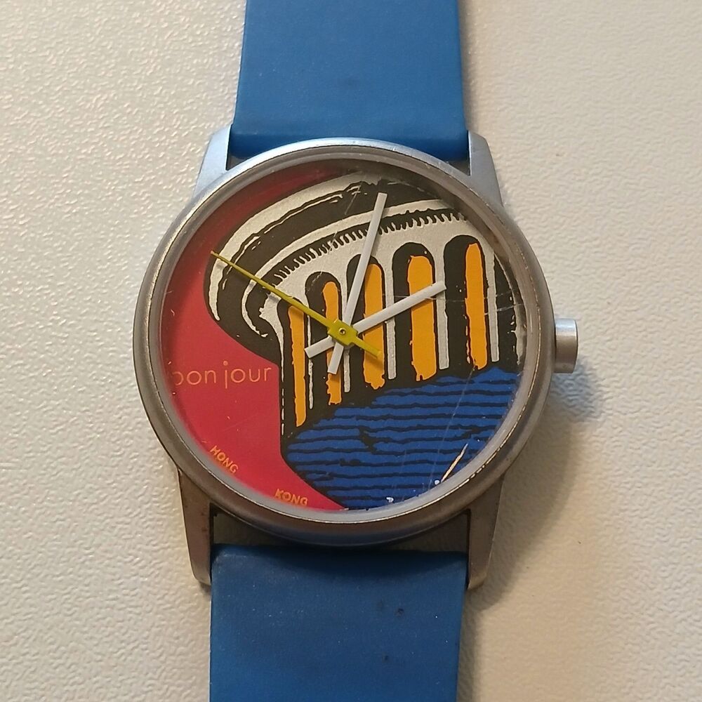 VTG 80s Anywear Bonjour Watchwear Hong Kong Bridge Graphic Dial Blue Strap 30mm